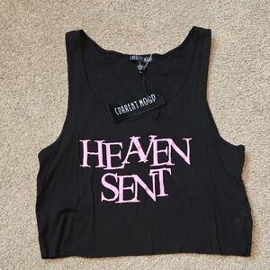 Current Mood Black Crop Top with Pink Print